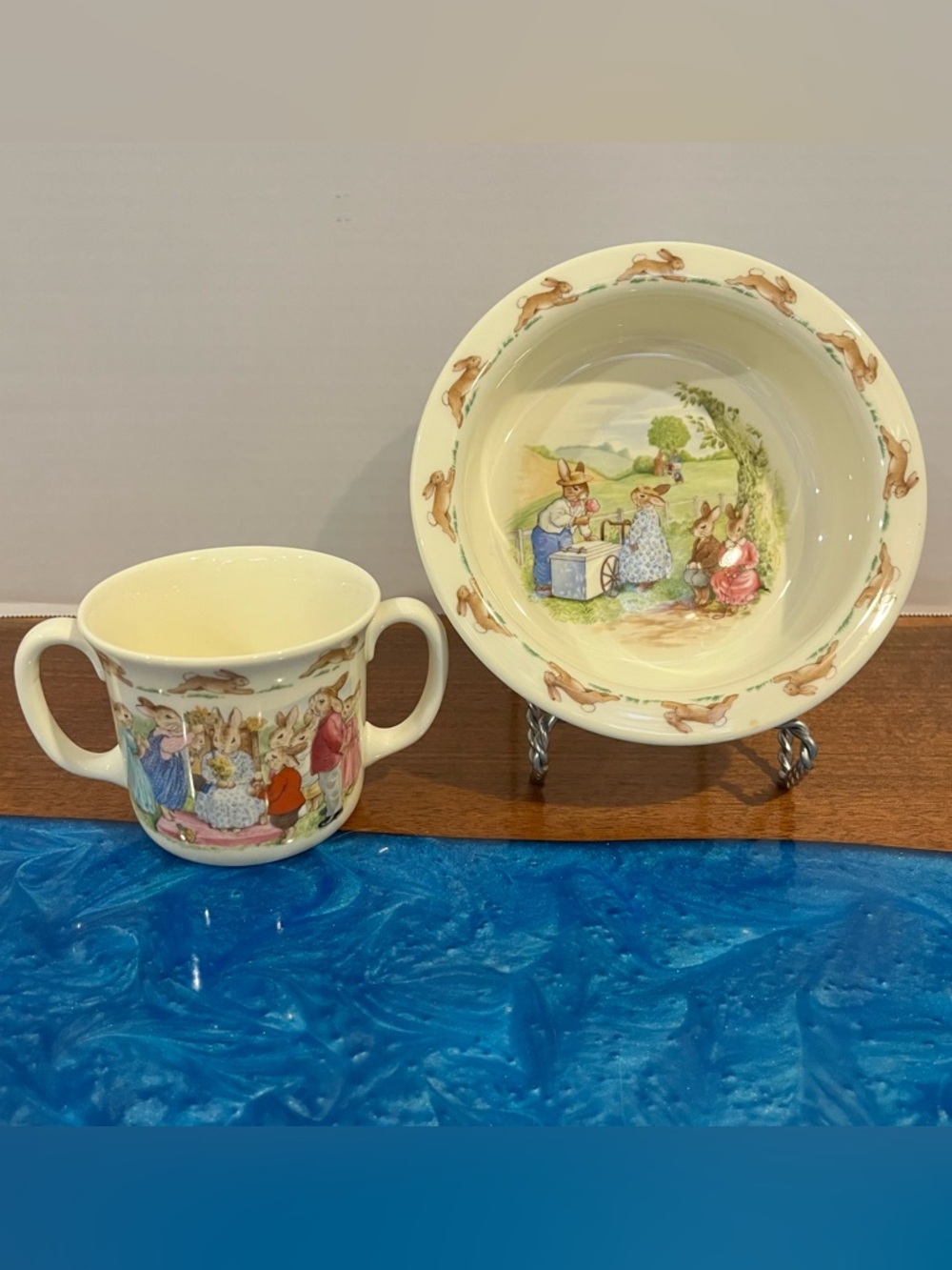 1988 Royal Doulton Bunnykins Bone China Bunny Bowl and Two Handled Cup